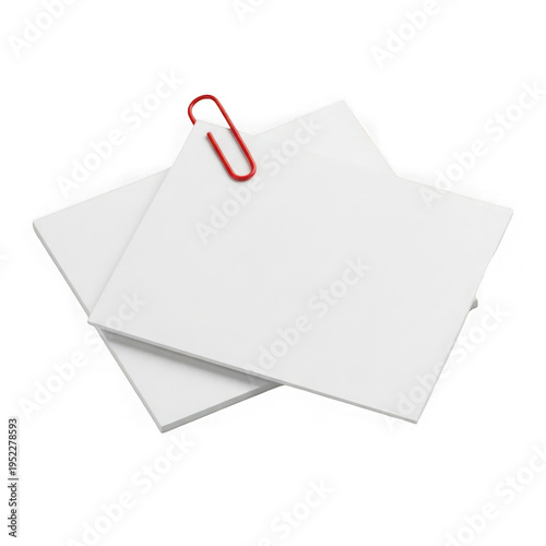 Two white cards held together with a red paperclip png isolated on transparent background