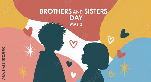 Silhouette of brother and sister on brothers and sisters day with colorful hearts and stars