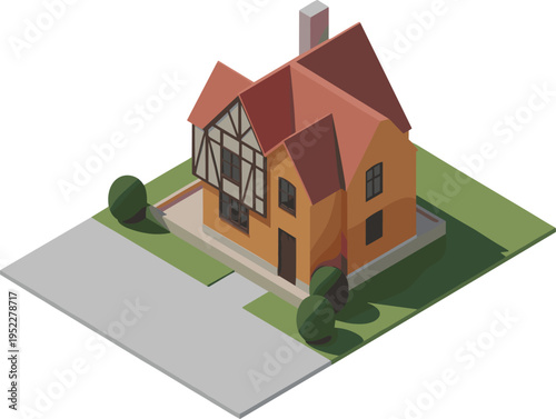 Isometric traditional house illustration, classic residential home with red roof timber frame facade suburban architecture property design, 3D render concept