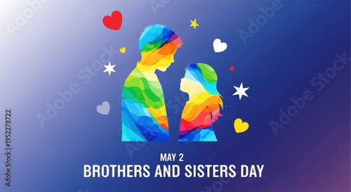 Brother and sister silhouettes with colorful rainbow pattern on brothers and sisters day
