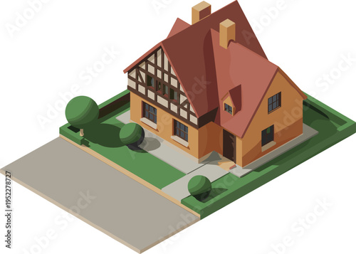 Isometric traditional house illustration, classic residential home with red roof timber frame facade suburban architecture property design, 3D render concept