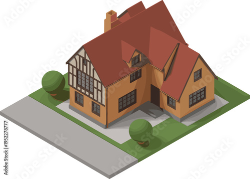 Isometric traditional house illustration, classic residential home with red roof timber frame facade suburban architecture property design, 3D render concept