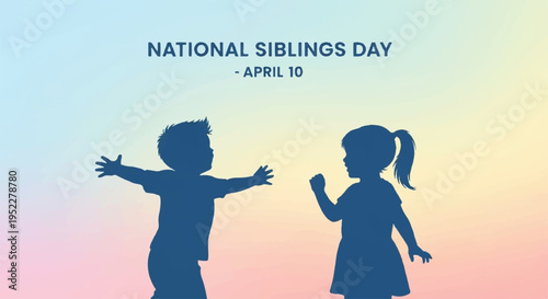 Silhouettes of happy siblings in front of colorful sunset background celebrating national siblings day on april 10
