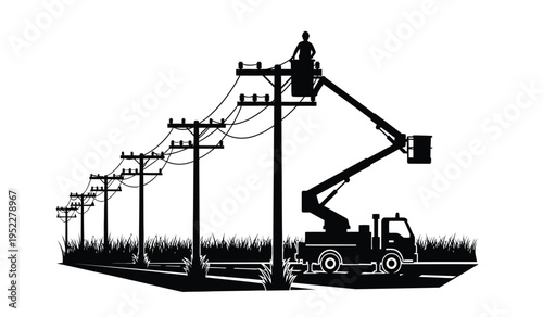 A silhouette of an electric utility worker performing maintenance on power lines from a bucket truck