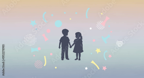Silhouette of a loving couple holding hands with confetti and festive decorations in the background at sunset