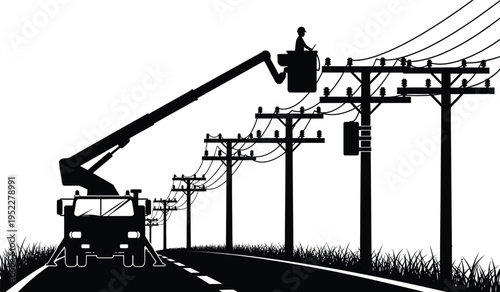 Silhouette of a utility worker in a bucket truck performing maintenance on high voltage power lines