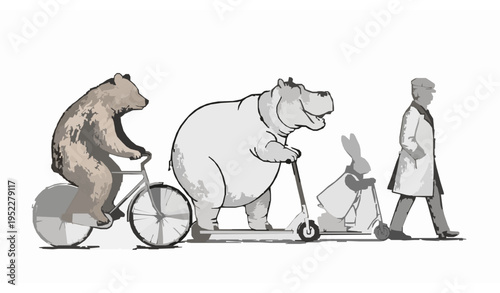 Antique Engraving Animals on Bikes and Scooters Victorian Man Sketch Vector