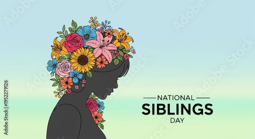 Silhouette of a person with a vibrant floral crown celebrating national siblings day with colorful flowers and a serene gradient background