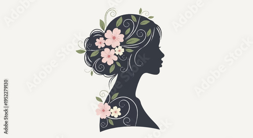Silhouette of woman's head with flowers in hair floral design element decorative illustration for beauty and wellness concepts