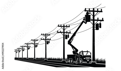 A silhouette of a utility worker in a bucket truck repairing high voltage electric power line poles