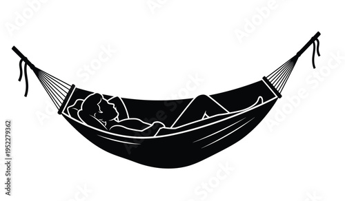 A black silhouette illustration of a person peacefully relaxing and resting in a fabric hammock