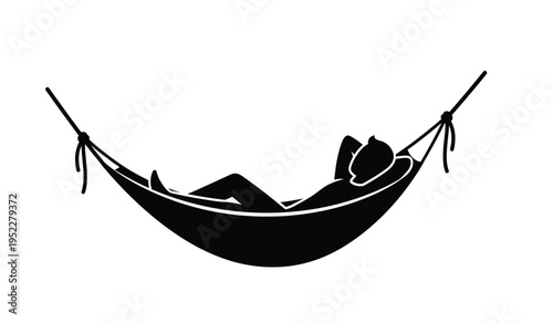 A black silhouette icon representing a relaxed person resting and lying down in a fabric hammock