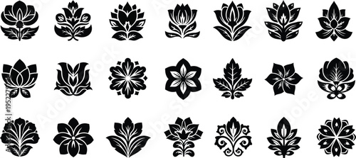Collection of black floral and leaf ornamental motifs flower botanical
