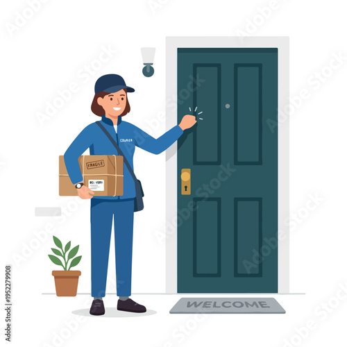 vector of a courier standing knocking on a customer's house