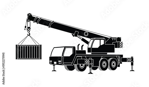 A heavy duty mobile construction crane lifting a large metal shipping container with its long boom