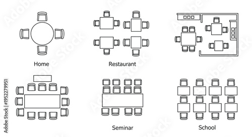 Various seating arrangements for different settings like home restaurant seminar and school, Generative AI.