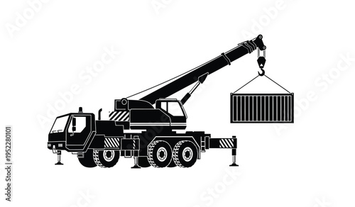 A black silhouette of a mobile telescopic crane lifting a heavy shipping container for transport