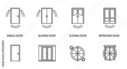 Various door types including single door sliding door and revolving door icons, Generative AI.