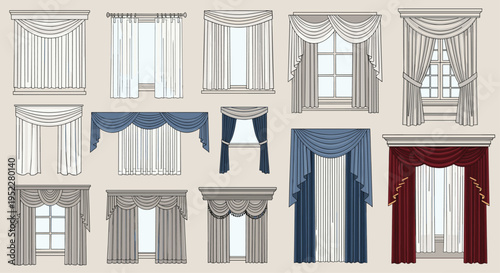 Collection of various window curtain styles and designs for home decor, Generative AI.