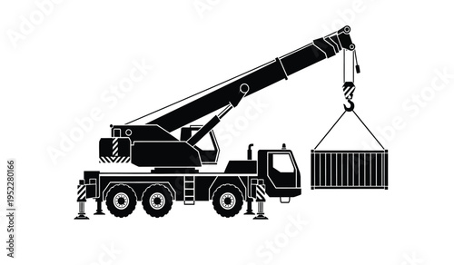 Black silhouette of a mobile heavy lifting crane truck carrying a large metal shipping container
