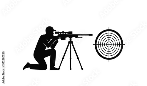 Black silhouette of a marksman kneeling and aiming a long range rifle with a scope at a target
