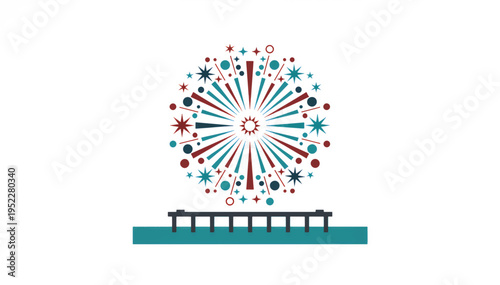Stylized firework burst over ocean pier. Flat design vector illustration of celebration and holiday concept. Geometric shapes