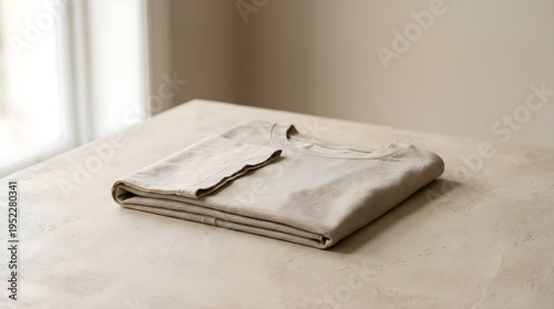 Photorealistic Folded Plain T-Shirt on Neutral Surface with Copy Space