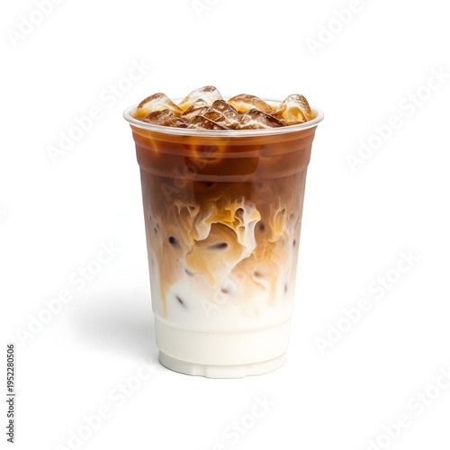 A plastic cup of iced coffee on a white background