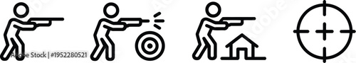 Black and White Line Art Icons of Shooting Practice – Rifle, Target and Aim Symbols