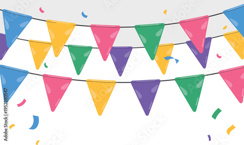 Modern Party Banner with Triangle Pennant Flags and Confetti on White Background