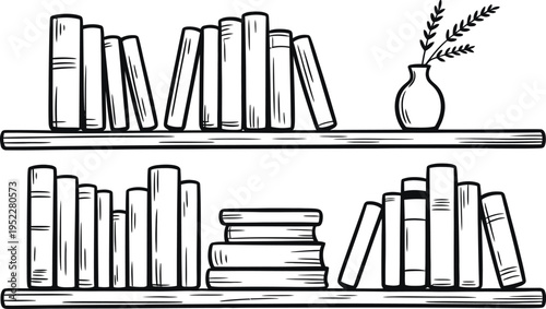 Black and White Sketch of Bookshelf with Books and Dried Flowers – Academic Minimal Illustration