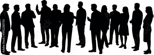 Business people silhouettes group isolated on white background, corporate team discussing networking meeting, professional crowd black shadow figures collection
