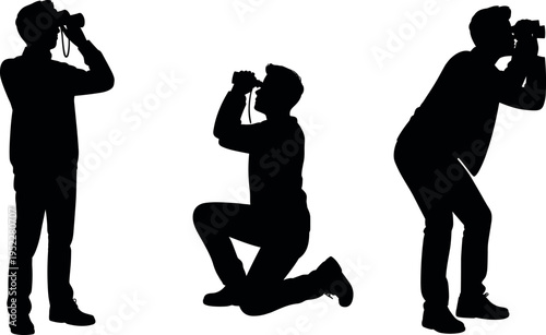 Photographer silhouettes with camera isolated on white background, people taking photos standing kneeling and shooting, black shadow photography concept set