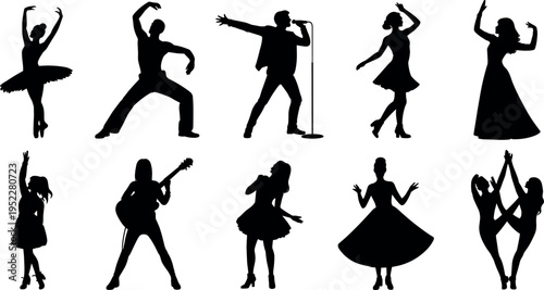Dancing and performing silhouettes set isolated on white background, singers musicians and dancers in motion, black shadow entertainment collection