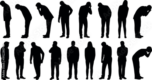 Collection of human silhouettes showing sad, tired, and stressed poses, representing emotional distress, mental health struggles, fatigue, and negative body language concepts