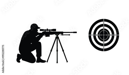 Black silhouette of a professional sniper kneeling and aiming a scoped rifle at a circular target