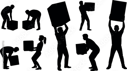 Silhouette collection of people lifting and carrying boxes in different poses, representing manual handling, moving services, warehouse work, and logistics activities