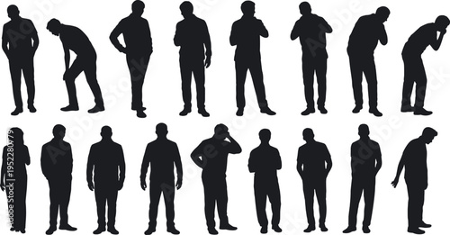 Collection of human silhouettes in various standing poses, expressing different emotions, gestures, and body language for communication, behavior, and social interaction concepts