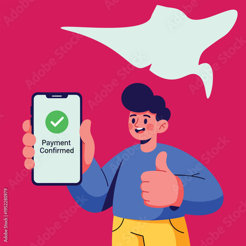 Qr code and shop man holding phone with green checkmark for payment confirmation