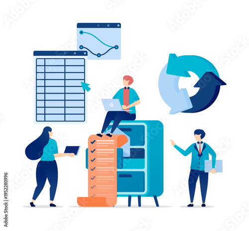 Office cabinets with spreadsheets and documents for corporate organization and company file management illustration
