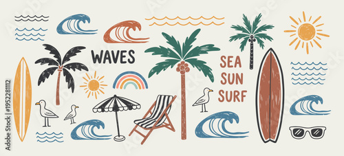 Hand drawn summer beach icons set with surfboards, waves, palm trees, sun, umbrella, deck chair, and tropical elements, retro seaside vector illustration for vacation, travel, and coastal design