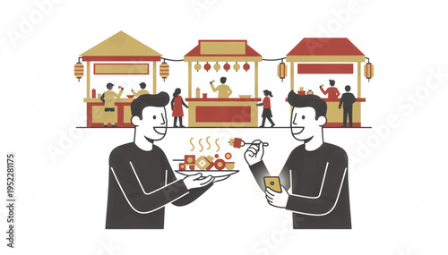Friends sharing street food at Asian night market. Two men eating skewers with food stalls background. Flat design vector illustration