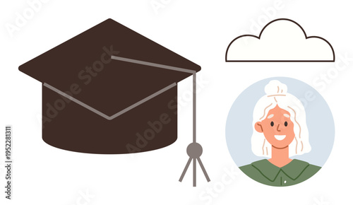 Education, achievement, e-learning, personal development, online studies, success. Graduation cap with tassel, cloud design and smiling graduate portrait. Education and achievement theme