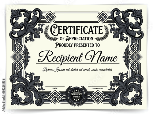 Vintage Certificate of Appreciation Template with Ornate Baroque Border and Gothic Typography