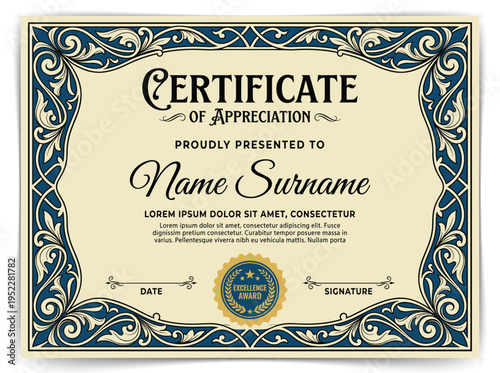Vintage Certificate of Appreciation Template with Ornate Baroque Border and Gothic Typography