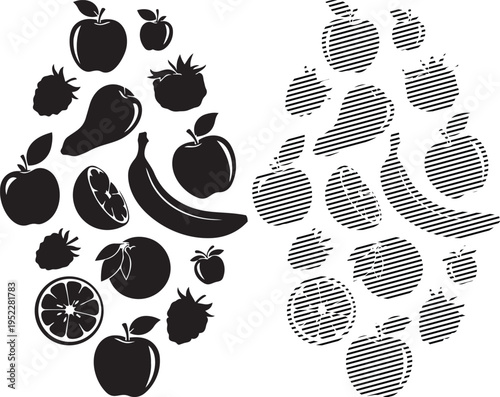 Black and white stylized fruit patterns with textured backgrounds
