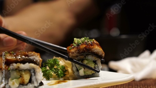 Wallpaper Mural Gourmet unagi sushi rolls topped with glazed eel and green onions Torontodigital.ca