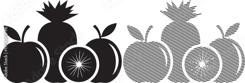 Classic black and white illustration of assorted fruits including pineapples and apples