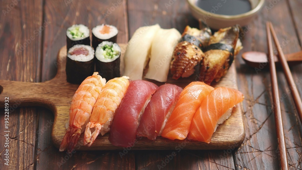 Αυτοκόλλητο Assorted sushi set with nigiri and maki rolls on a wooden board