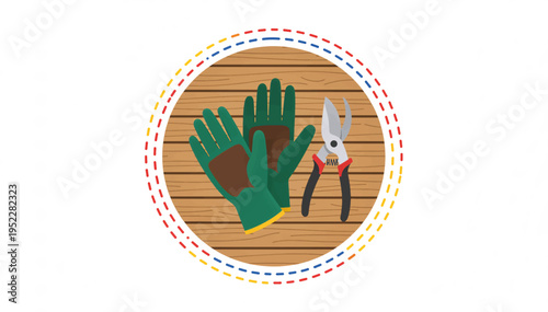 Gardening gloves and pruning shears on a wooden table. Stylized vector illustration of garden tools. Flat design graphic isolated on white background